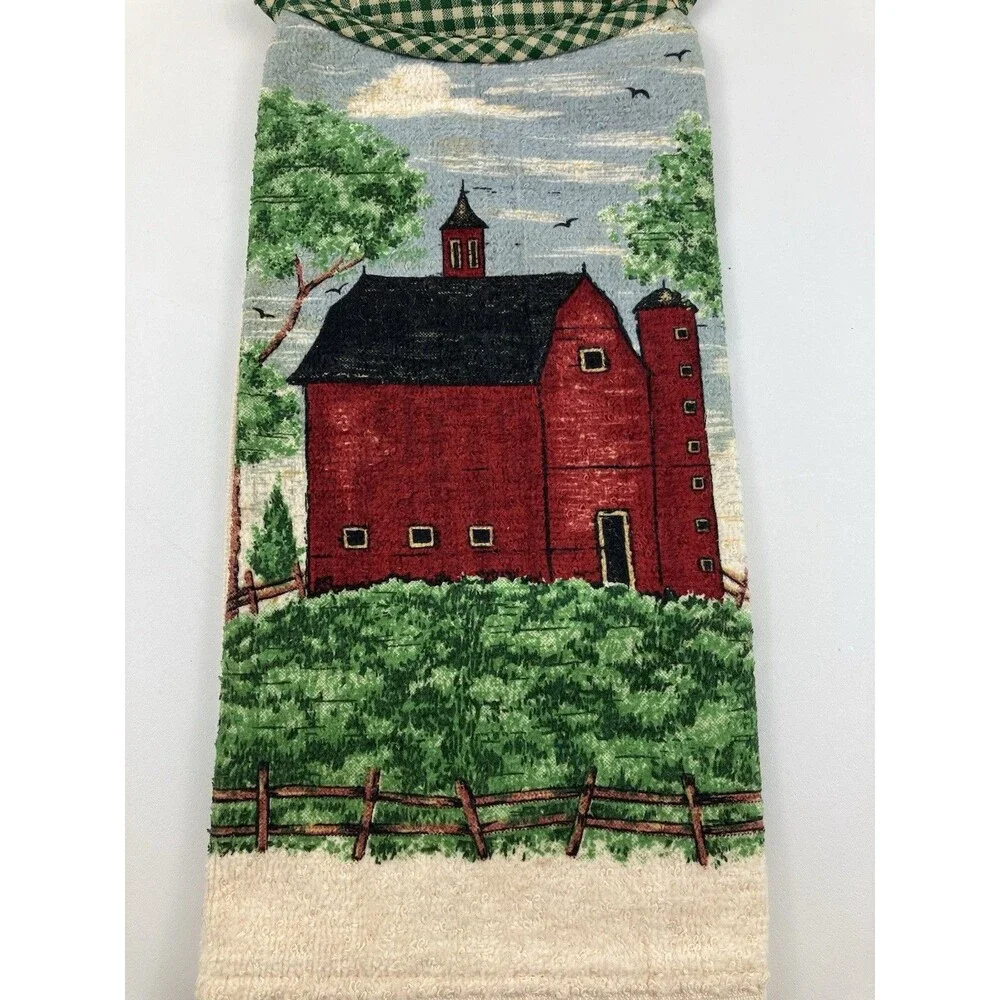 Warren Kimble Red Barn Tapestry Kitchen Set | Farmhouse Design Apron Towel VTG